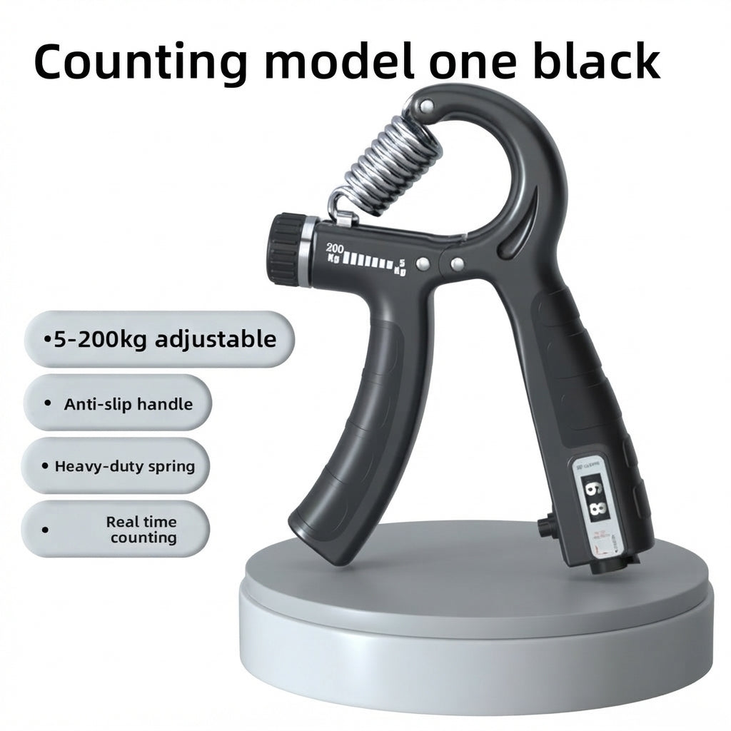 Black counting grip strength trainer on a silver pedestal with a white background