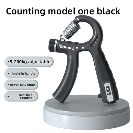 Black counting grip strength trainer on a silver pedestal with a white background
