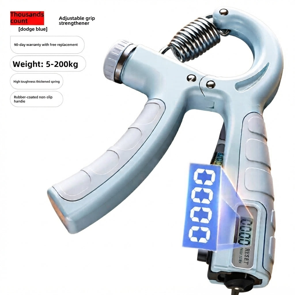 Pale-blue grip strength trainer with counter graphic on a white background