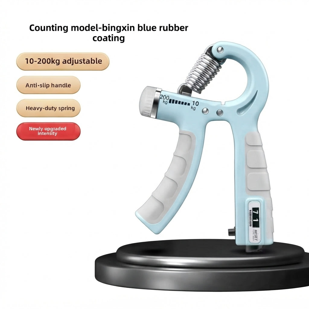 Pale-blue counting grip strength trainer on a metallic pedestal with a white background