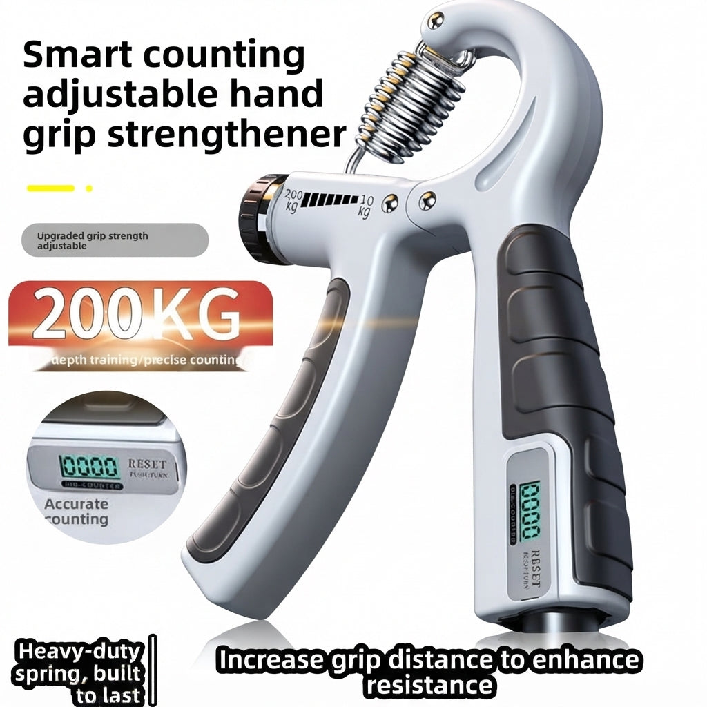 White adjustable grip strength trainer with counter close-up on a white background