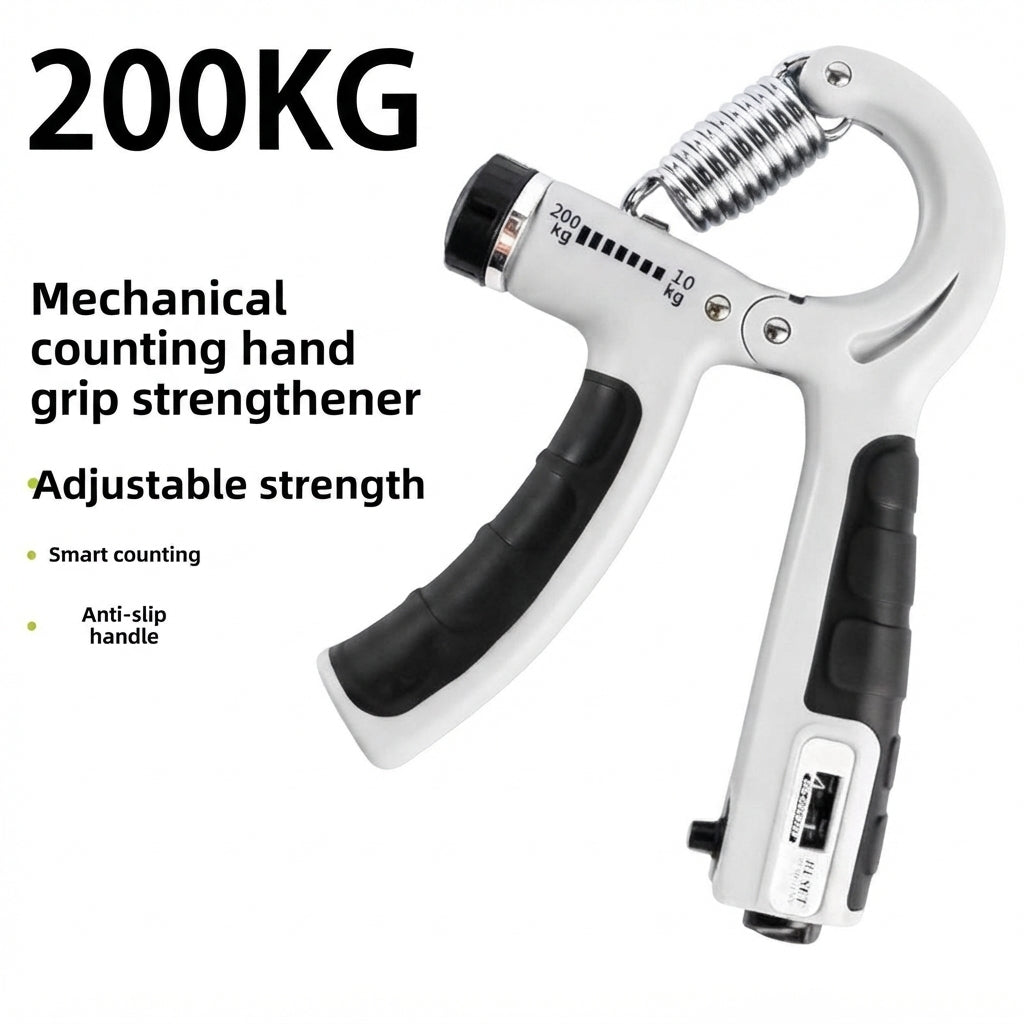 White mechanical counting grip strength trainer on a white background