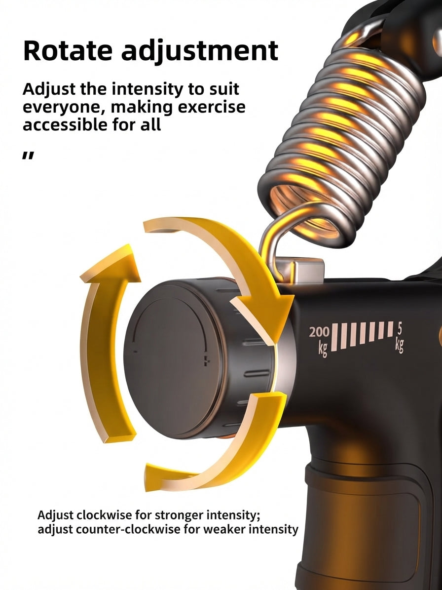 Grip trainer resistance adjustment close-up with gold rotation arrows on a white background